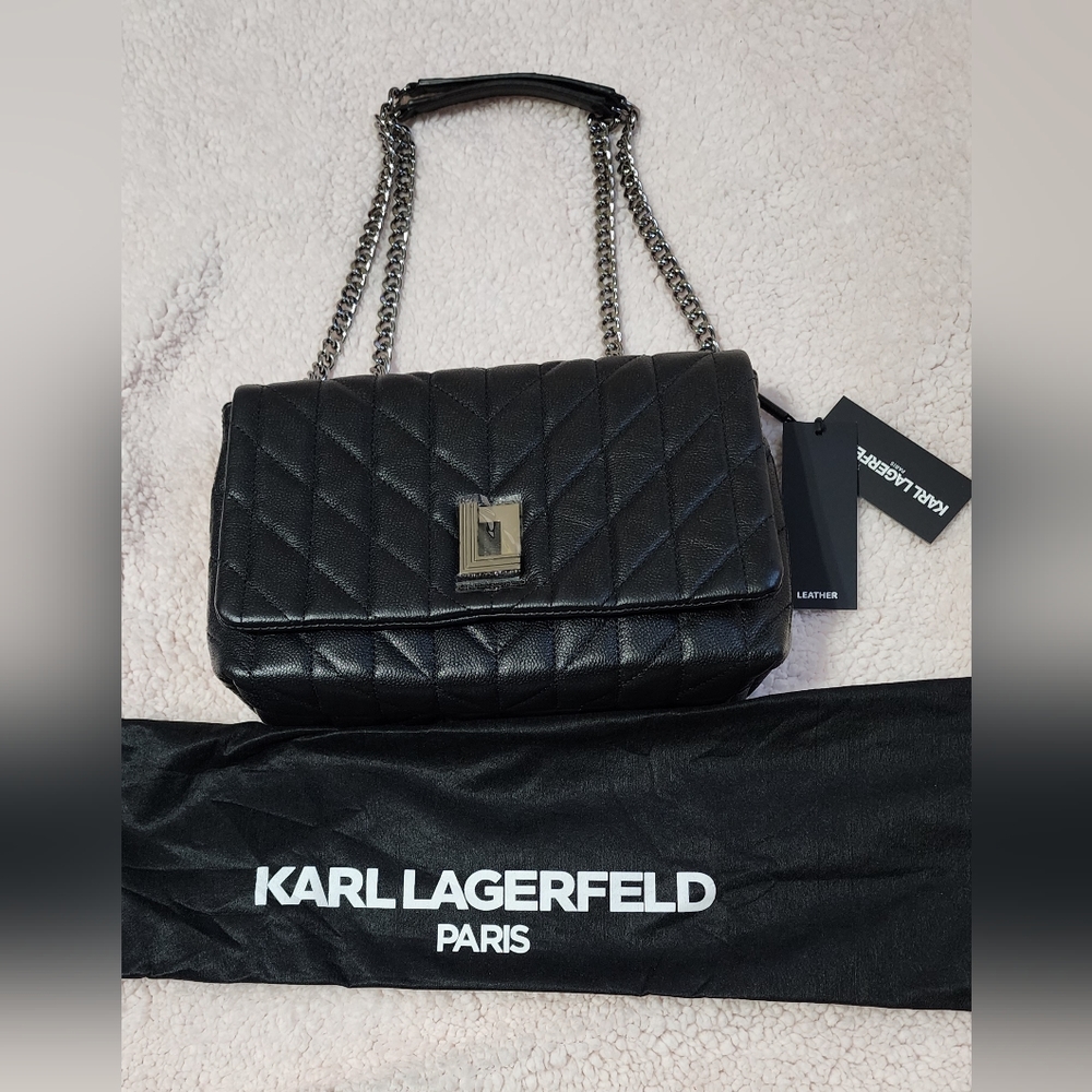 Karl Lagerfeld Black Quilted Leather Shoulder Bag with Chain Strap - Picture 6 of 7